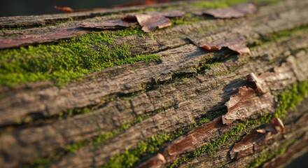 Fototapeta premium Rough, weathered wood with moss and bark peeling off