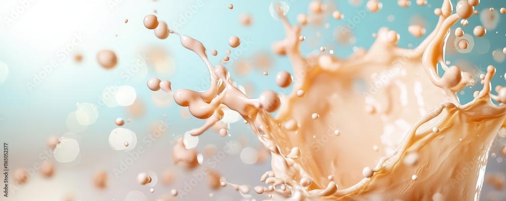 Poster Droplets abstract background idea. Dynamic splash of liquid in a bright, colorful background, capturing movement and energy.