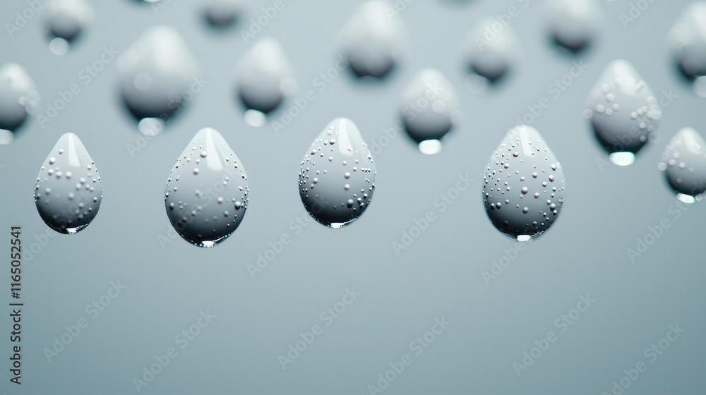 Poster Droplets abstract background idea. Close-up of water droplets showcasing beautiful textures and reflections on a grey backdrop.