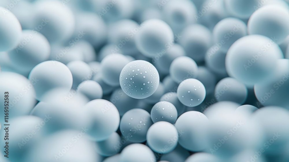 Poster Droplets abstract background idea. Abstract representation of microscopic spheres in a blue environment, symbolizing scientific concepts.