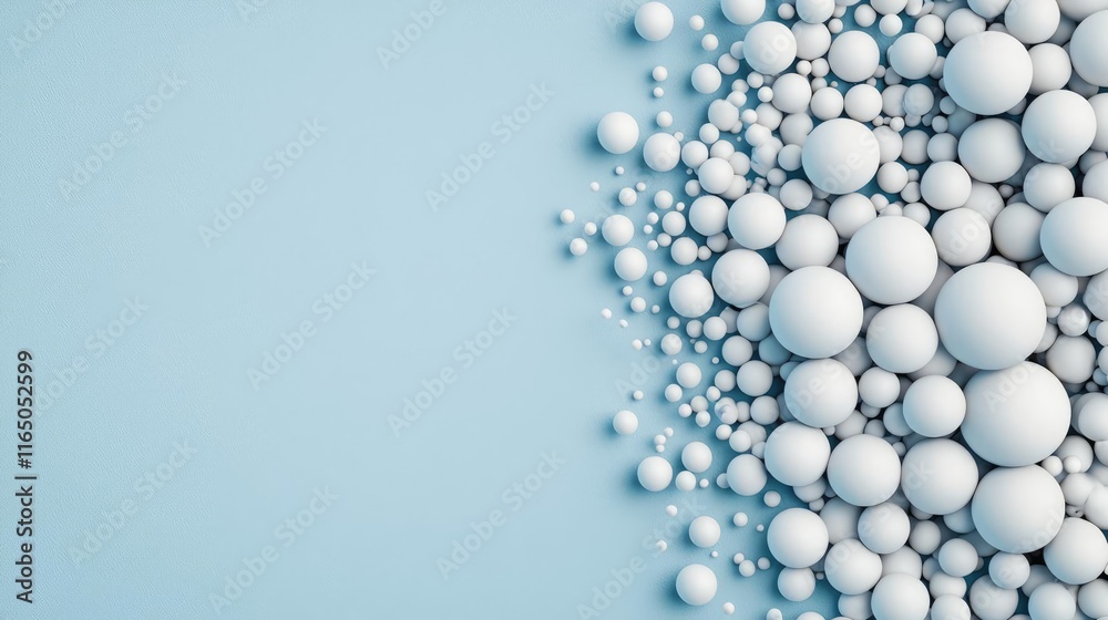 Poster droplets abstract background idea. a composition of white spheres in various sizes on a light blue b