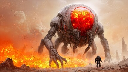 Fototapeta premium Surreal Encounter with a Giant Robot Monster in a Fiery Landscape