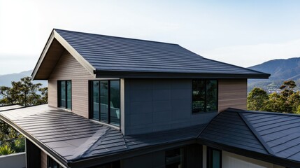 Textured charcoal-colored Seapack Monier tiles, styled on a modern house roof with sharp architectural lines."