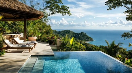 Obraz premium Tropical resort cabana by the infinity pool, surrounded by lush gardens and overlooking the endless horizon.