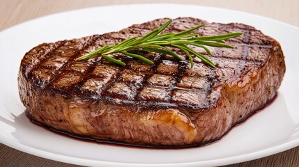 Grilled Steak with Perfect Markings and Fresh Herb Garnish on White Plate