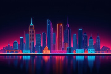 Obraz premium a city skyline with neon lights reflecting in the water