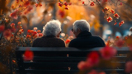 A pair of elderly friends sitting on a park bench, one holding the other’s hand, their eyes filled with warmth and shared memories, with blooming flowers in the background enhancing the serene moment.