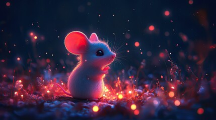 Pink Mouse Nighttime Scene with Low Light Background, Cute Cartoon Character, Dark Pink Aesthetic, Fantasy Illustration