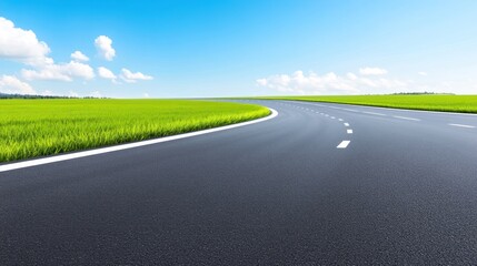 Fototapeta premium A winding road through a green landscape under a clear blue sky.