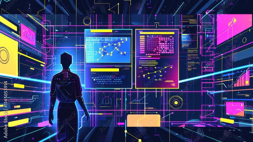 Wall mural a silhouette exploring a futuristic digital interface filled with data visualizations.