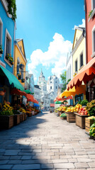 A vibrant market street lined with colorful buildings and fruit stalls under a bright blue sky.