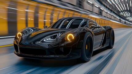 Obraz premium Sleek Black Sports Car Speeding Through Modern Urban Tunnel at Night
