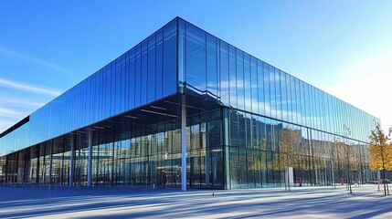 Fototapeta premium Modern Glass Building Reflecting Clear Blue Sky with Crisp Design