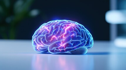 A glowing, futuristic brain model with vibrant neural connections.