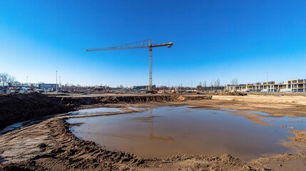 Clear Blue Sky Over Construction Site with Crane and Water Pool