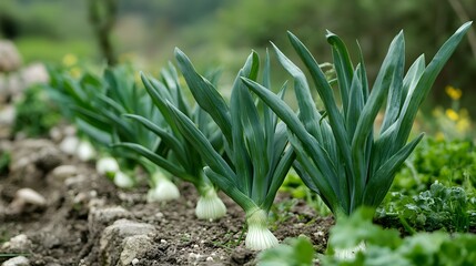 Obraz premium Leek plants growing outside