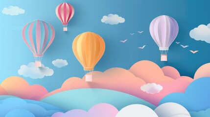 Colorful hot air balloons floating among pastel clouds and hills.