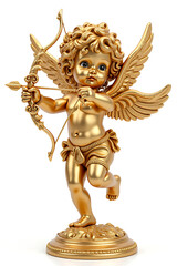 A cupid statue holding a bow and arrow made by solid gold, displaying on clean white isolated background