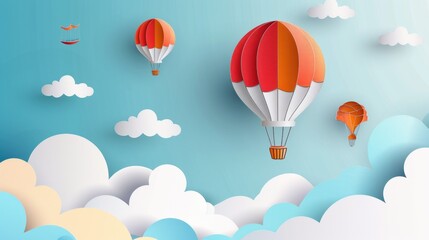Naklejka premium A whimsical scene of colorful hot air balloons floating among soft clouds in a blue sky.