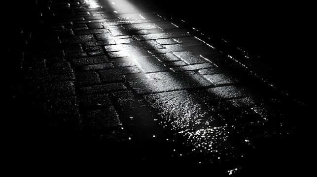 Fototapeta Dark, wet cobblestone street lit by a single light source.