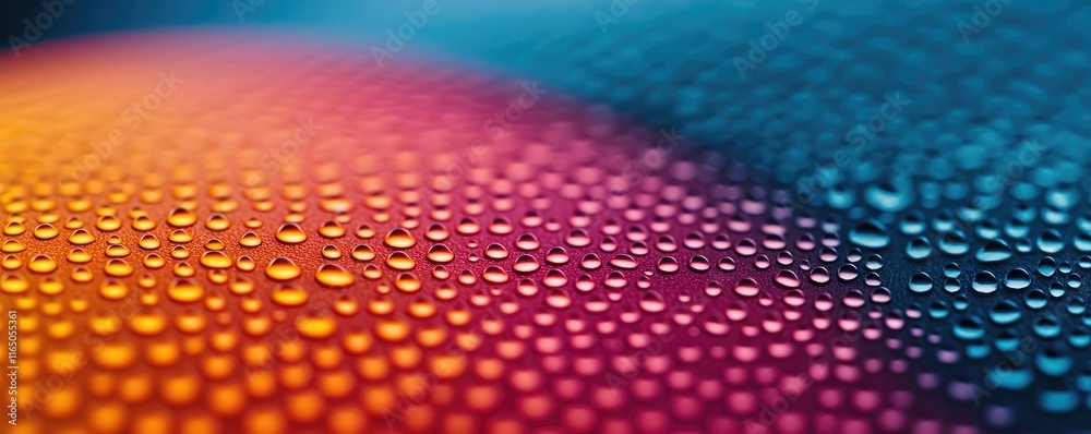 Poster Droplets abstract background idea. Close-up of colorful droplets on a surface creating vivid patterns and textures.