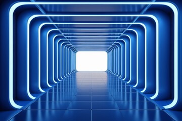 a close up of a blue tunnel with a light at the end