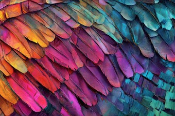 Fototapeta premium Colorful Display of Vibrant Feathers in a Radiant Blend of Hues From Purple to Teal