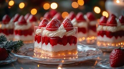 A dessert table showcasing multiple dessert aspic creations, featuring alternating strawberry and cream layers, arranged on elegant glass plates, fairy lights softly glowing in the background,