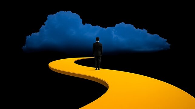 Journey to the Horizon: A lone figure, dressed in formal attire, stands on a golden path that stretches toward a dramatic, cloud-filled sky, capturing themes of ambition and the pursuit of dreams.