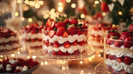 A dessert table showcasing multiple dessert aspic creations, featuring alternating strawberry and cream layers, arranged on elegant glass plates, fairy lights softly glowing in the background,