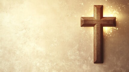 Wooden Cross Against Beige Background With Golden Light