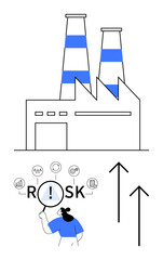 Factory building with chimneys, magnifying glass highlighting risk analysis, rising arrows, and icons for risk factors. Ideal for industry management, risk analysis, business growth, corporate