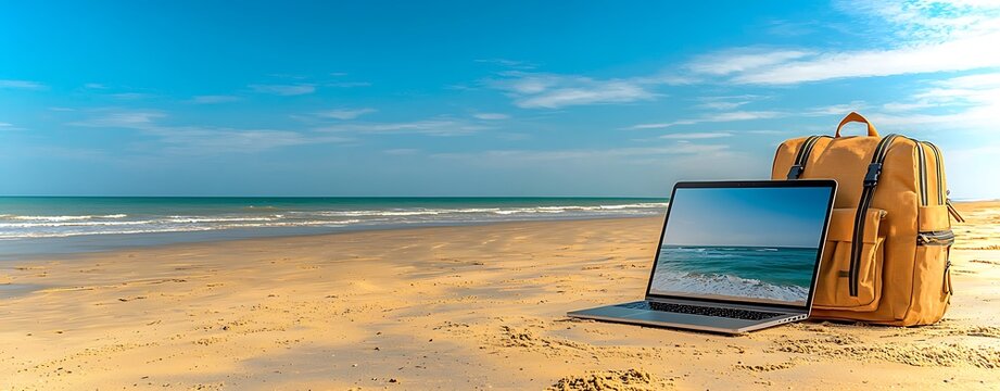 Tranquil Beach Scene with Laptop and Backpack Illustrating Remote Work and Digital Nomad Lifestyle on Sandy Shoreline Under Clear Sky