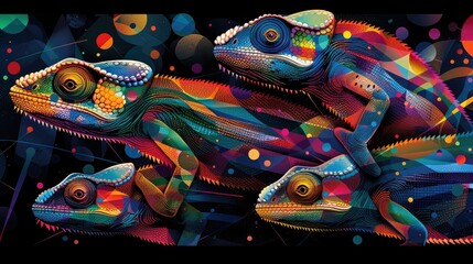 Fototapeta premium A vibrant, abstract depiction of colorful chameleons against a dark background.