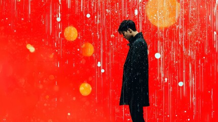 Young Man in Black Coat Under Rain with Bright Red Background and Bokeh Effect