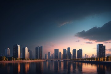 Fototapeta premium buildings are reflected in the water of a river at sunset