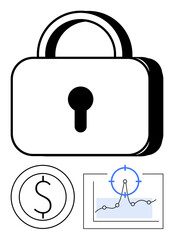 Lock icon for security, currency symbol for finance, and graph with target symbol representing focus. Ideal for data security, finance, analytics, precision, business, cybersecurity abstract line