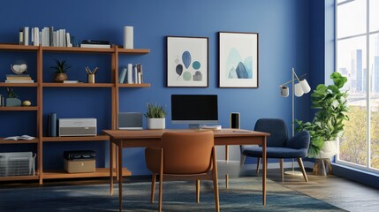 Modern Home Office with Blue Walls and Wooden Furniture