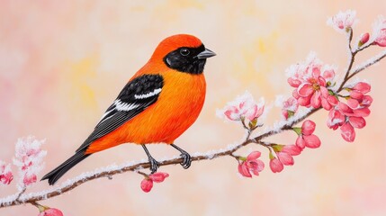 Obraz premium Vibrant Orange Bird Perched on Branch Surrounded by Colorful Blossoms and Soft Background