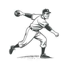 Baseball pitcher silhouette, dynamic throwing pose, stippled texture, black and white illustration