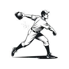 Naklejka premium Baseball pitcher silhouette, dynamic throwing pose, stippled texture, black and white illustration