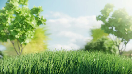 Obraz premium Green grass with bokeh background. 3d rendering, 3d illustration. Spring meadow with flowers and dandelions - 3d render