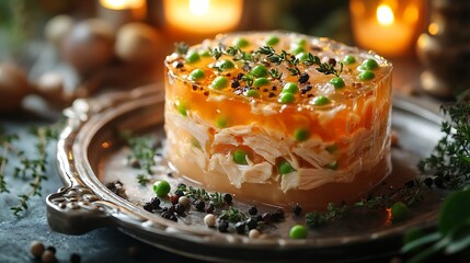 A luxurious chicken aspic mold, featuring layers of shredded chicken, vibrant peas, and golden broth jelly, served on a silver tray with sprigs of fresh thyme and scattered peppercorns,