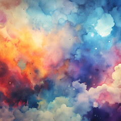 Abstract Watercolor Background with Vibrant Colors and Clouds.