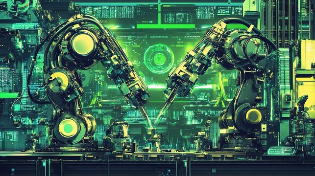 Industrial Machines with Robotic Arms Performing Work in High Detail
