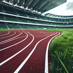 A Vibrant Crimson-Hued Running Track with Clear White Lane Markings Under a Bright Sky, Perfect for Sports, Fitness, and Athletic Training