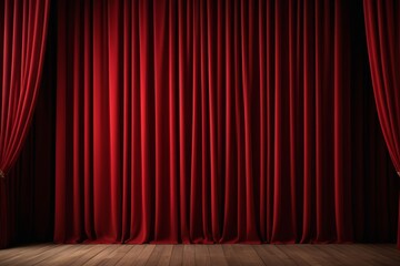 a close up of a red curtain on a stage with wooden floor