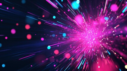 Fototapeta premium dynamic abstract background featuring a burst of neon pink, electric blue, and vibrant purple against a deep black backdrop. Glowing lines and scattered dots create a high-energy, futuristic vibe