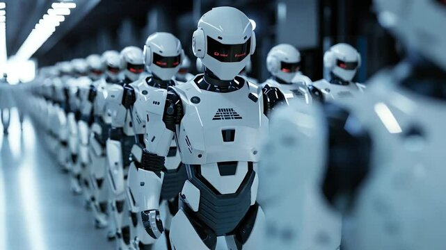 A high-tech assembly line showcasing rows of advanced humanoid robots in a futuristic factory setting, representing cutting-edge AI and automation technology.