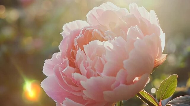 A radiant pink peony flower basking in warm sunlight, surrounded by lush green foliage, capturing the essence of natural beauty and tranquility